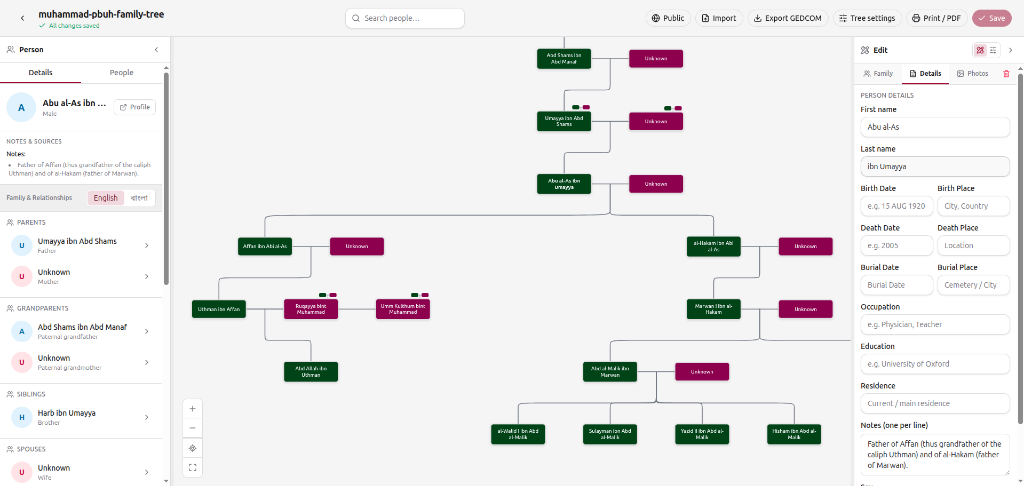 Blaadline visual family tree builder with lineage relationship panel and profile editor