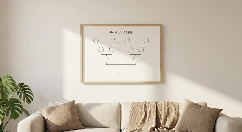 Framed minimalist family tree chart hanging in a living room